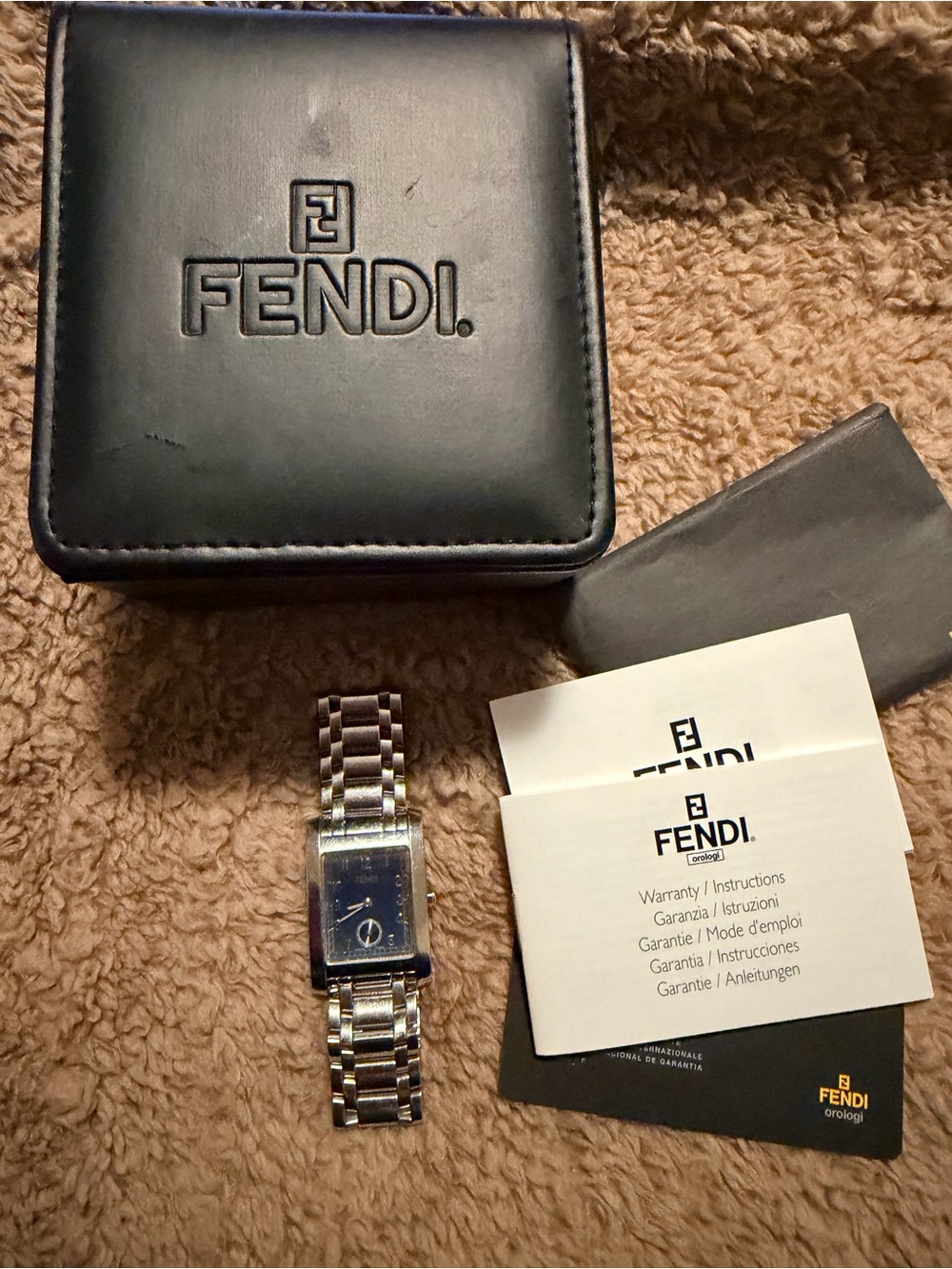 Fendi Men’s Rectangular Silver Bracelet Watch with Blue Dial